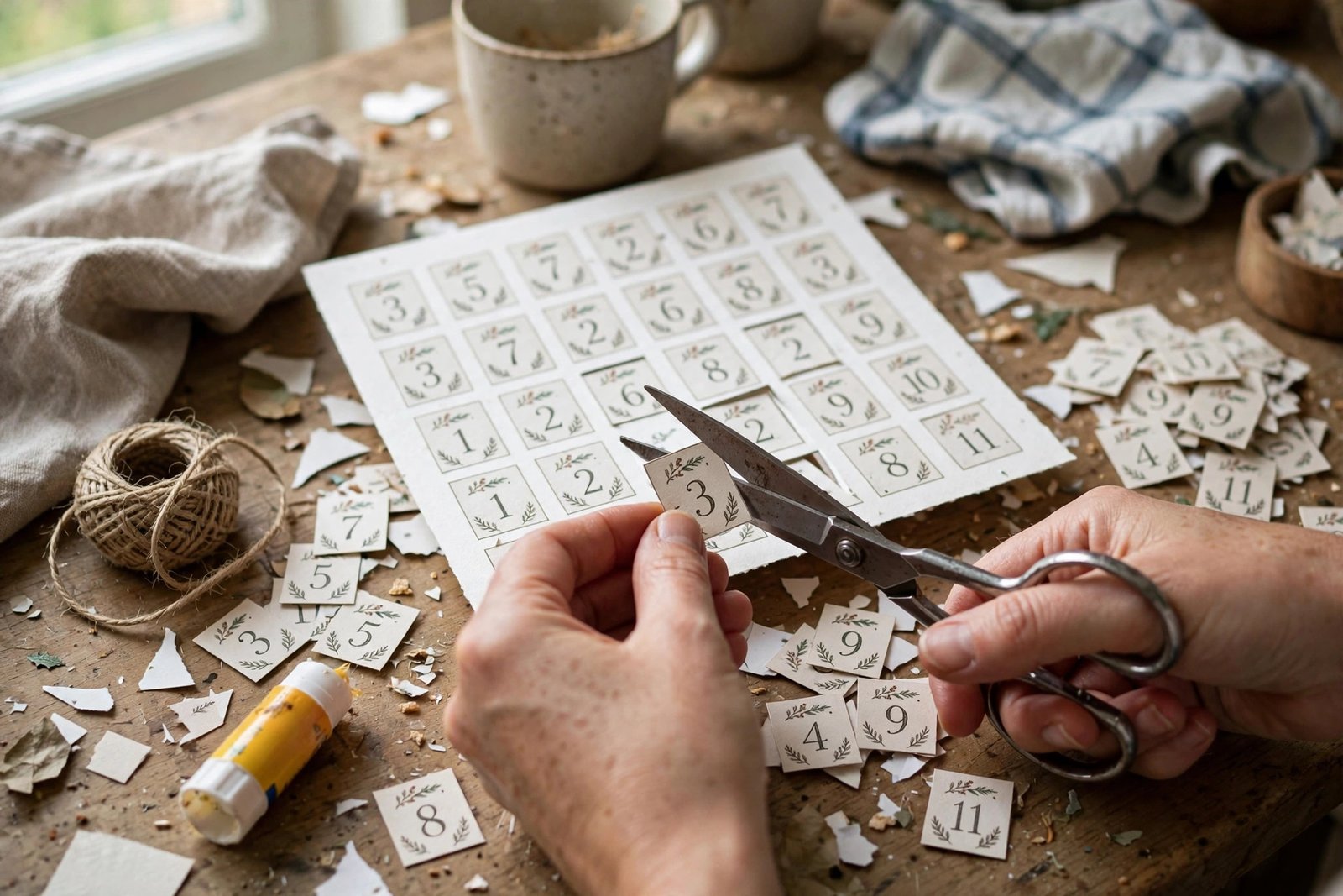 Ausgedruckte Adventskalender-Zahlen und Sprüche werden mit der Schere ausgeschnitten