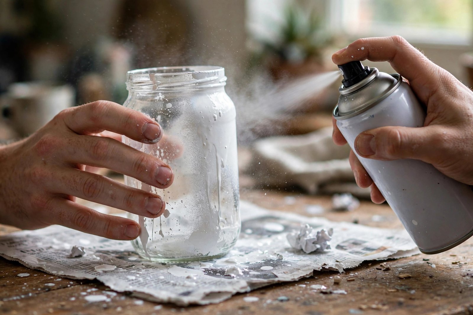 Altgläser werden mit Acrylspray farbig besprüht