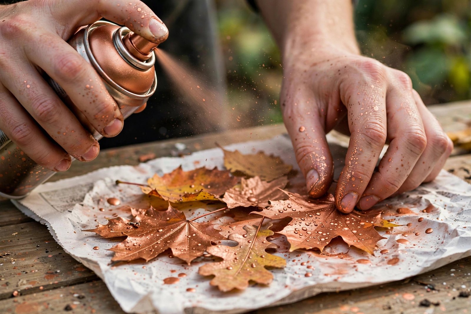 Herbstblätter werden mit Kupfer-Sprühfarbe angesprüht