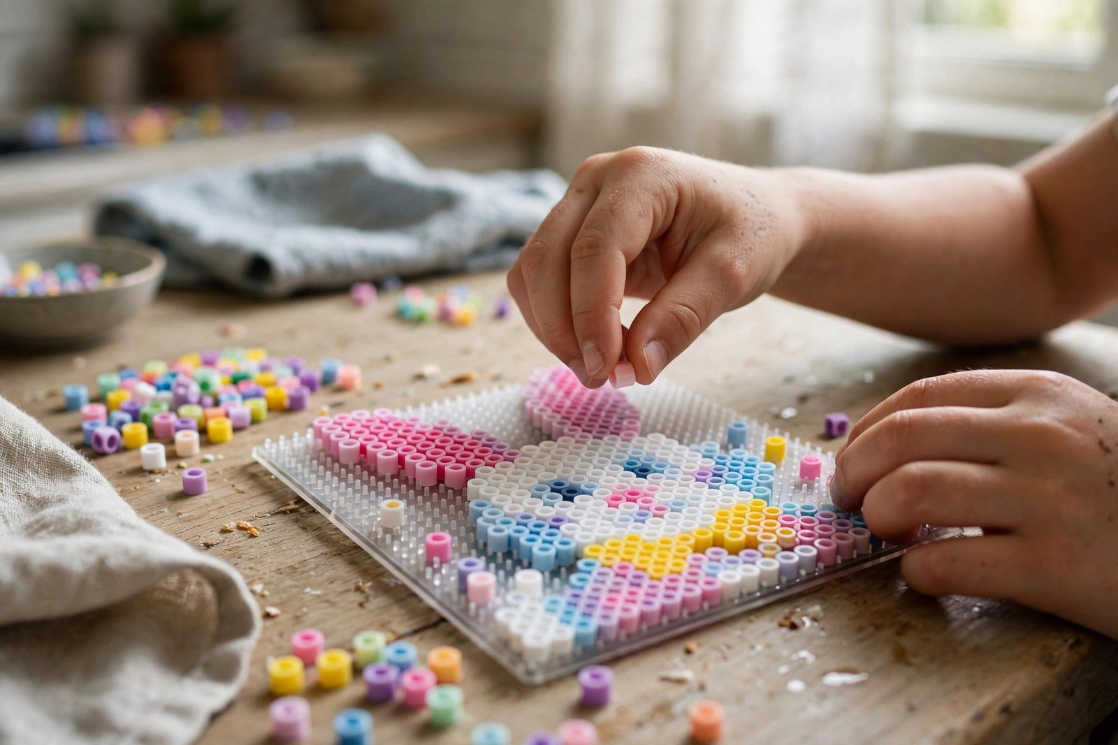 Kinderhände stecken bunte Bügelperlen auf eine Steckplatte