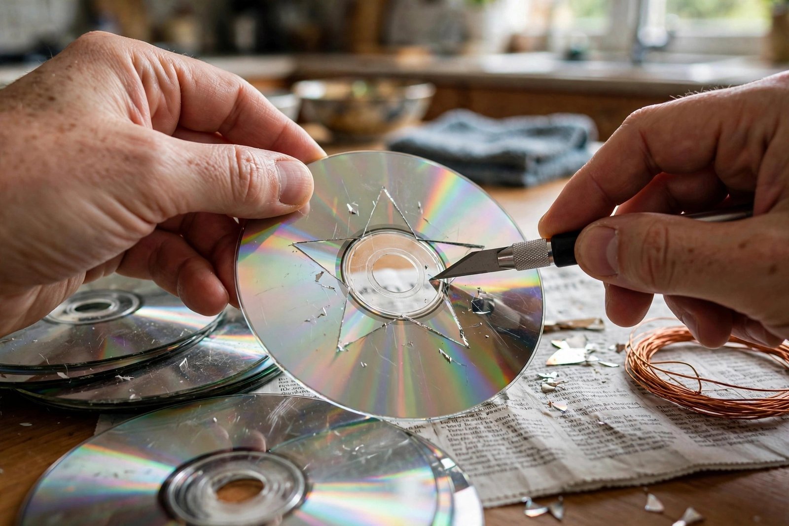 Ausgeschnittene CD-Sterne werden mit Draht zu einem Sonnenfänger verbunden