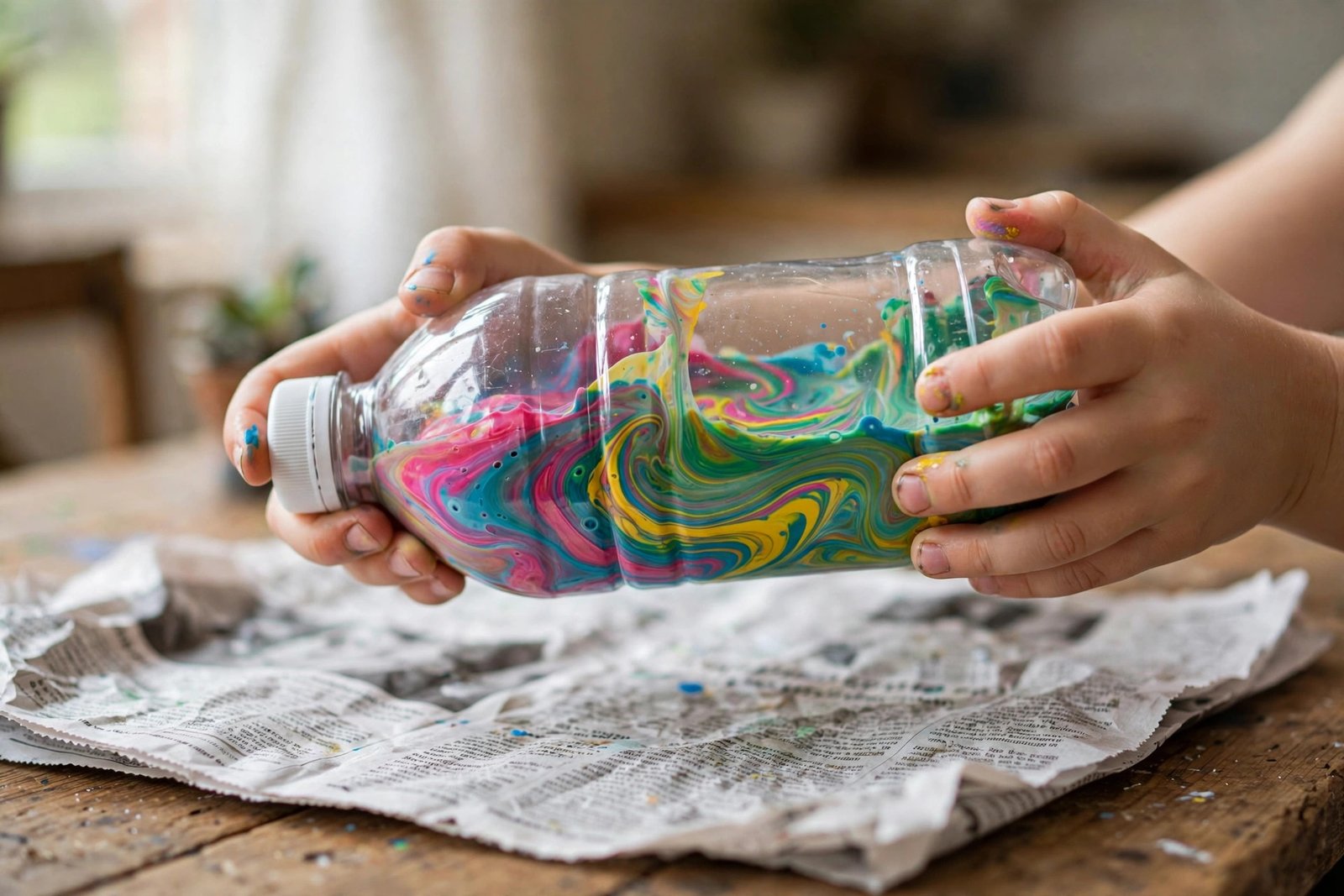 Kinderhände schütteln eine mit bunten Farben gefüllte Plastikflasche