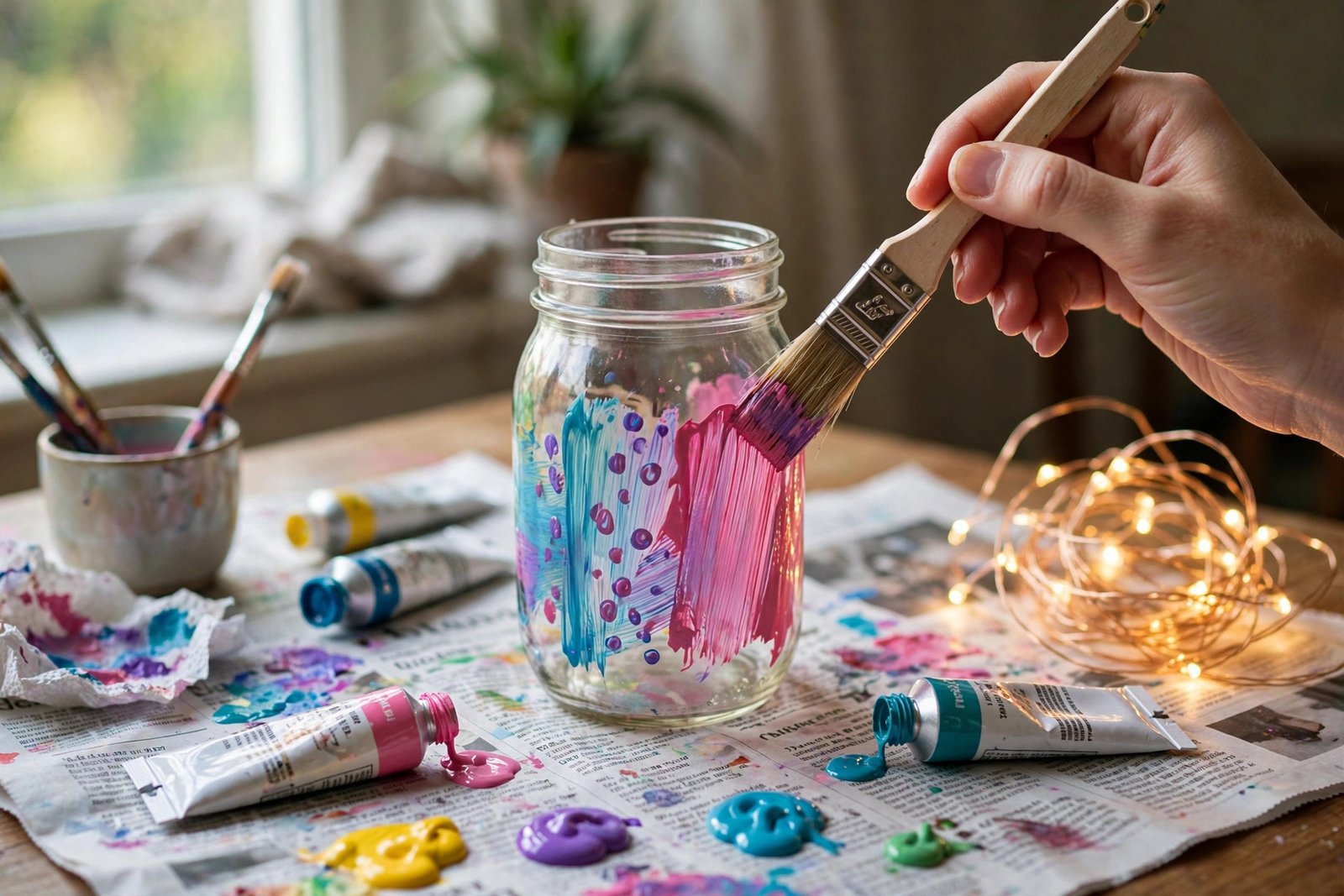 Hand bemalt ein Einmachglas mit bunten Acrylfarben für ein Glühwürmchen-Licht