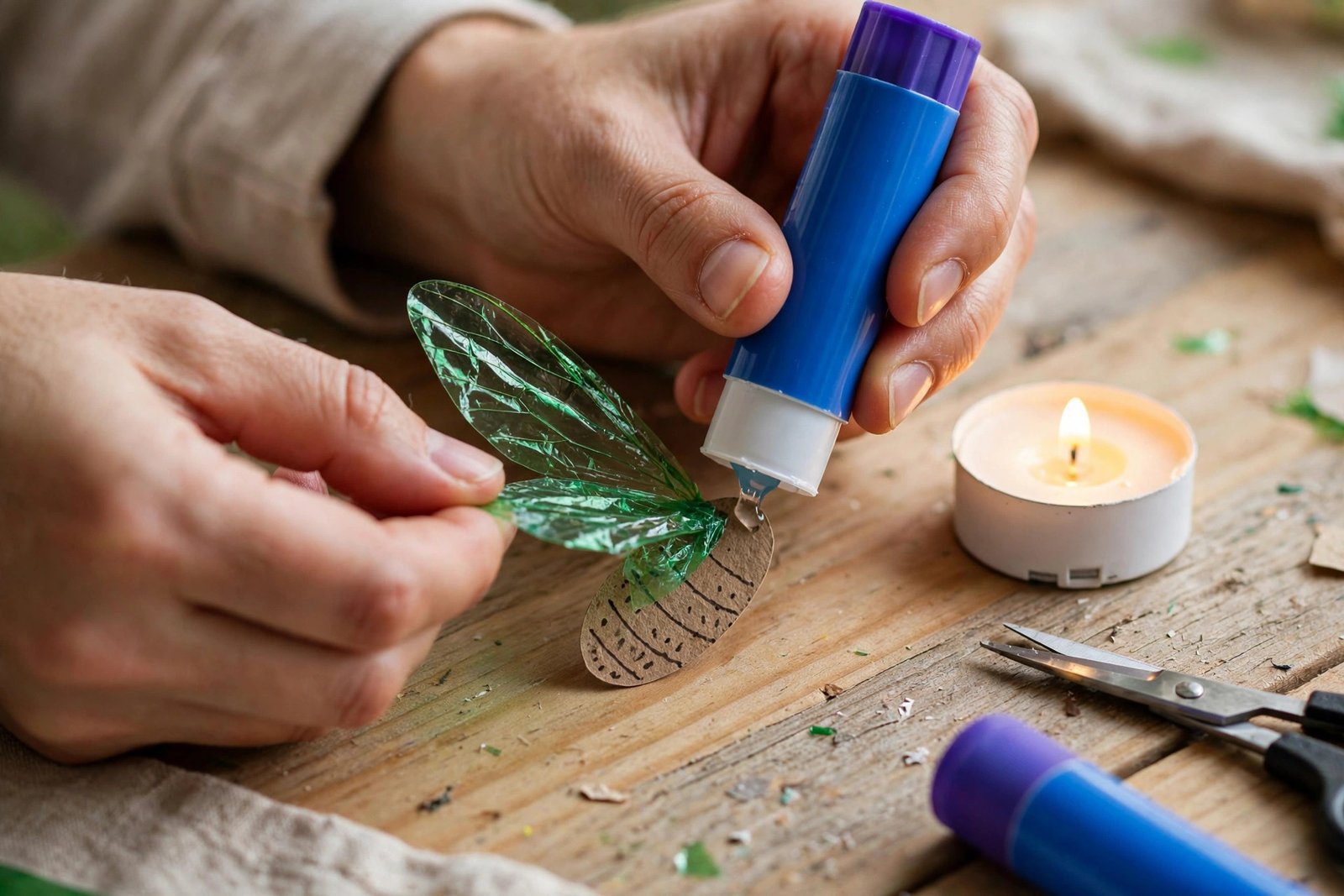 Hände kleben grüne transparente Folienflügel an einen Papier-Glühwürmchenkörper, daneben ein LED-Teelicht auf dem Basteltisch