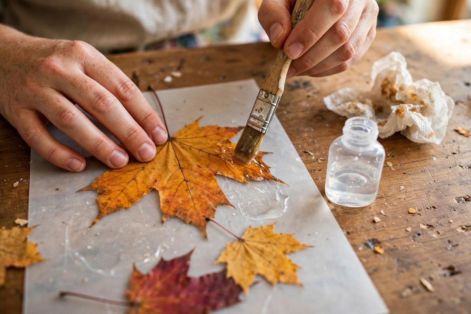 Hände kleben gepresste Herbstblätter mit Pinsel und Kleber auf Transparentpapier