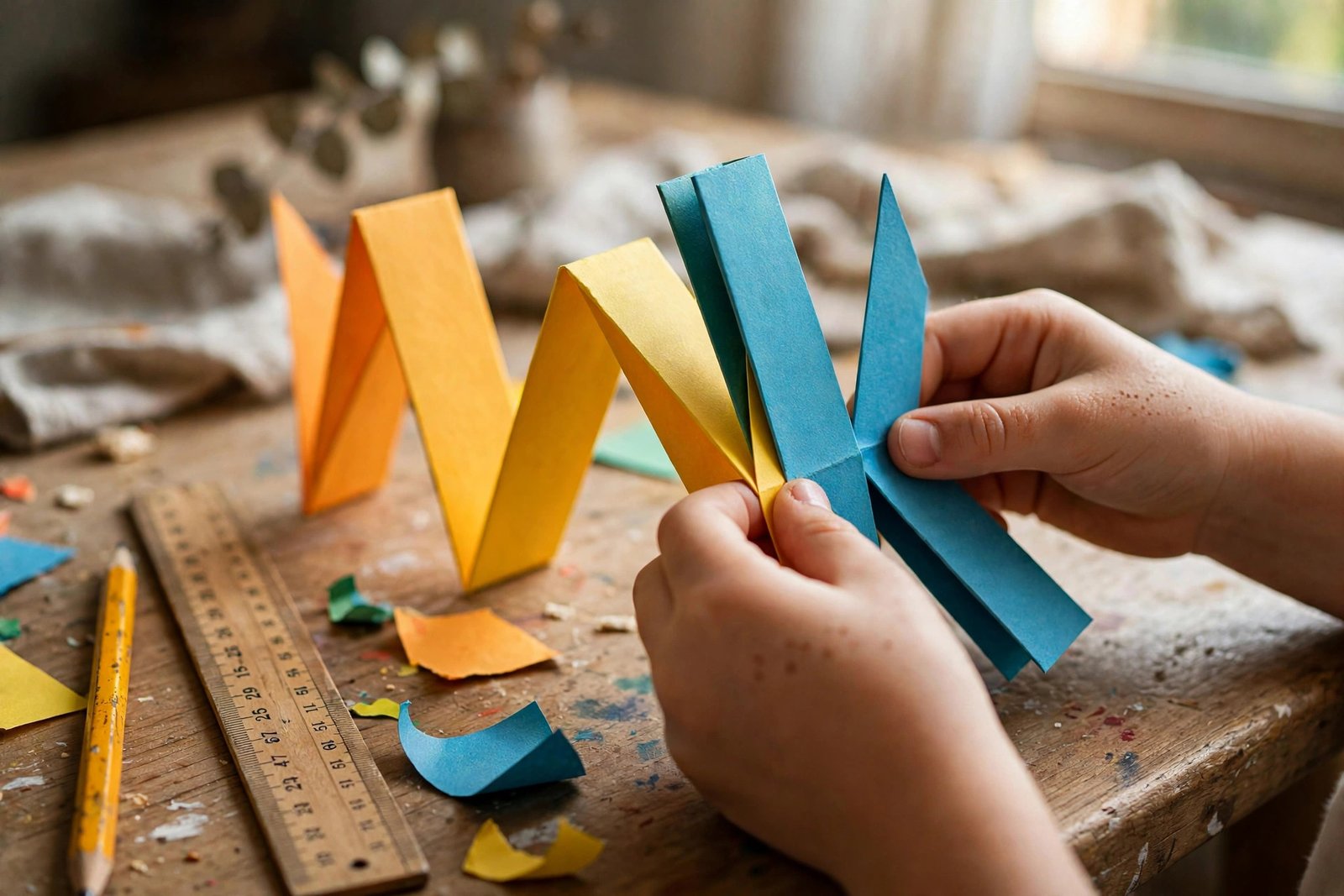 Hände falten eine bunte Hexentreppe aus Papierstreifen