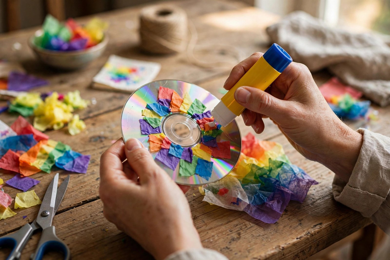 Transparentpapier-Stücke werden auf eine alte CD geklebt