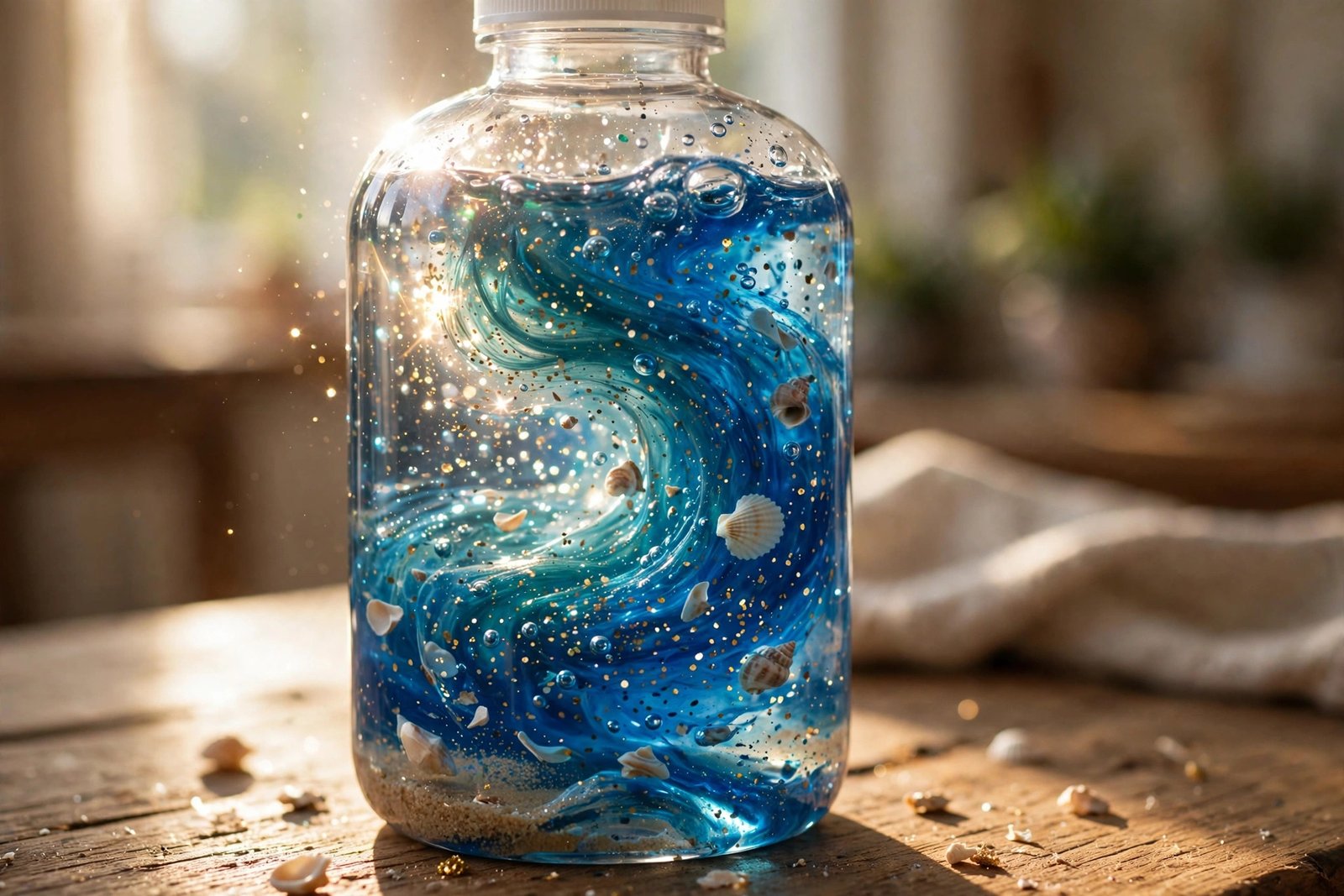 Glow Ocean Bottle mit schwebendem Glitzer und Muscheln im Sonnenlicht, Detailansicht