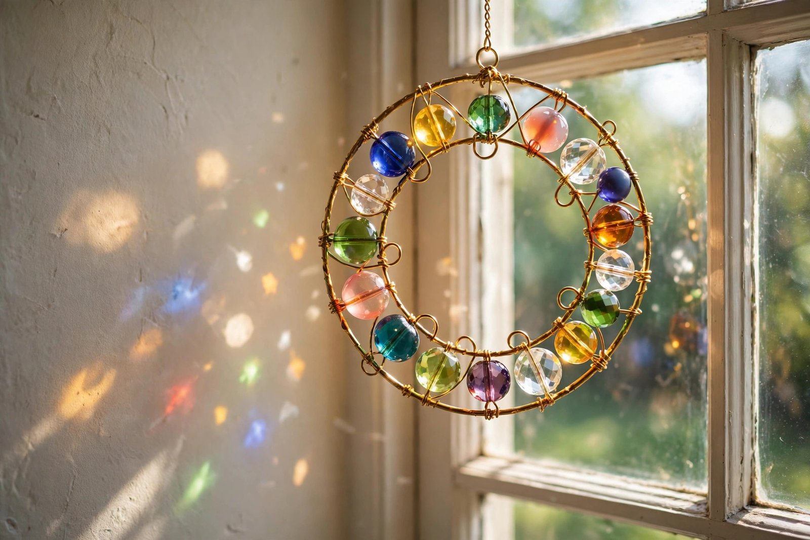 DIY-Sonnenfänger aus bunten Glasperlen am Fenster im Sonnenlicht, Detailansicht