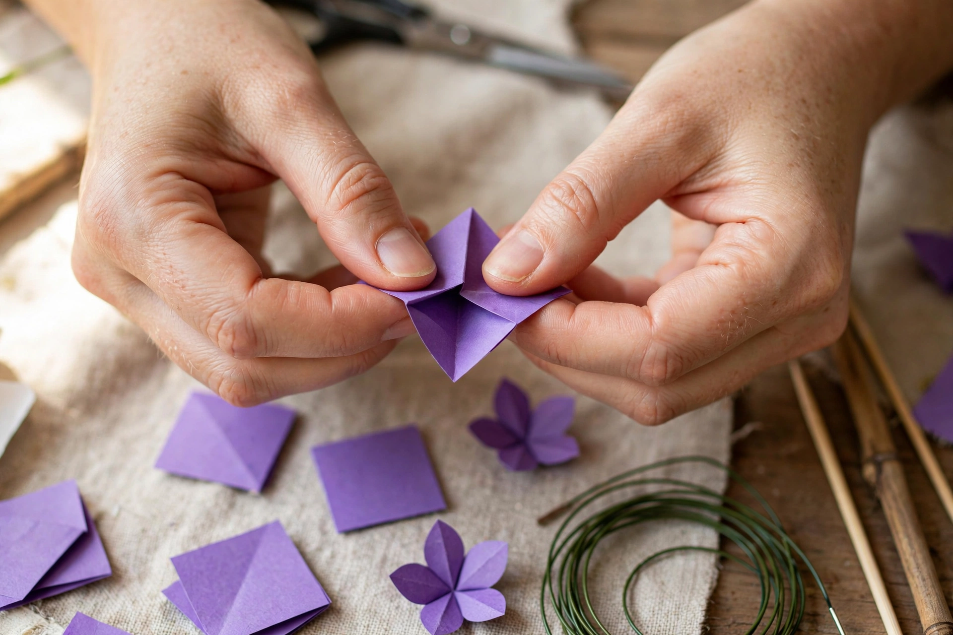 Hände kleben gefaltete Papierblüten an einen Drahtbaum