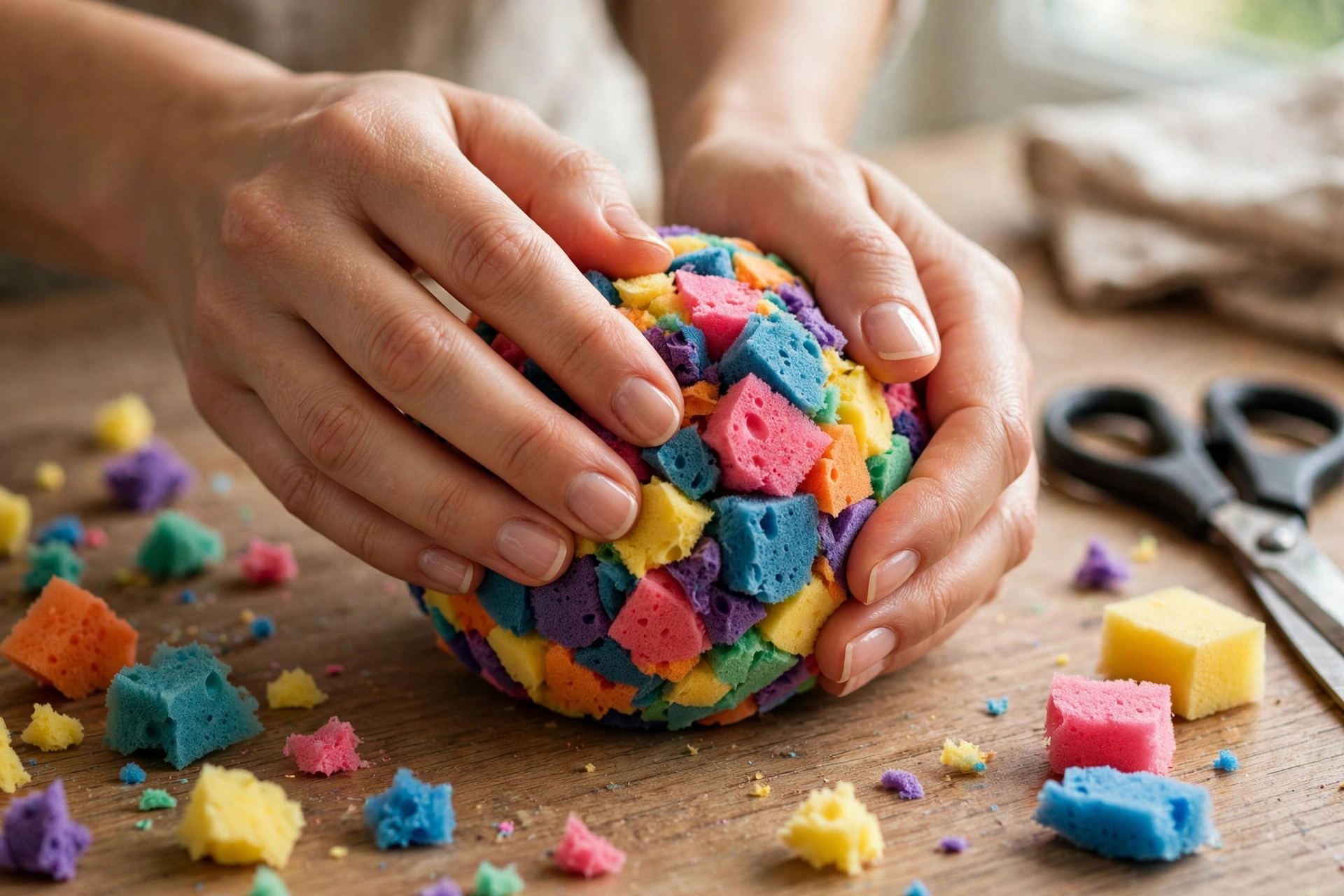 Hände kneten einen bunten Schwamm-Ball aus Schwammstücken