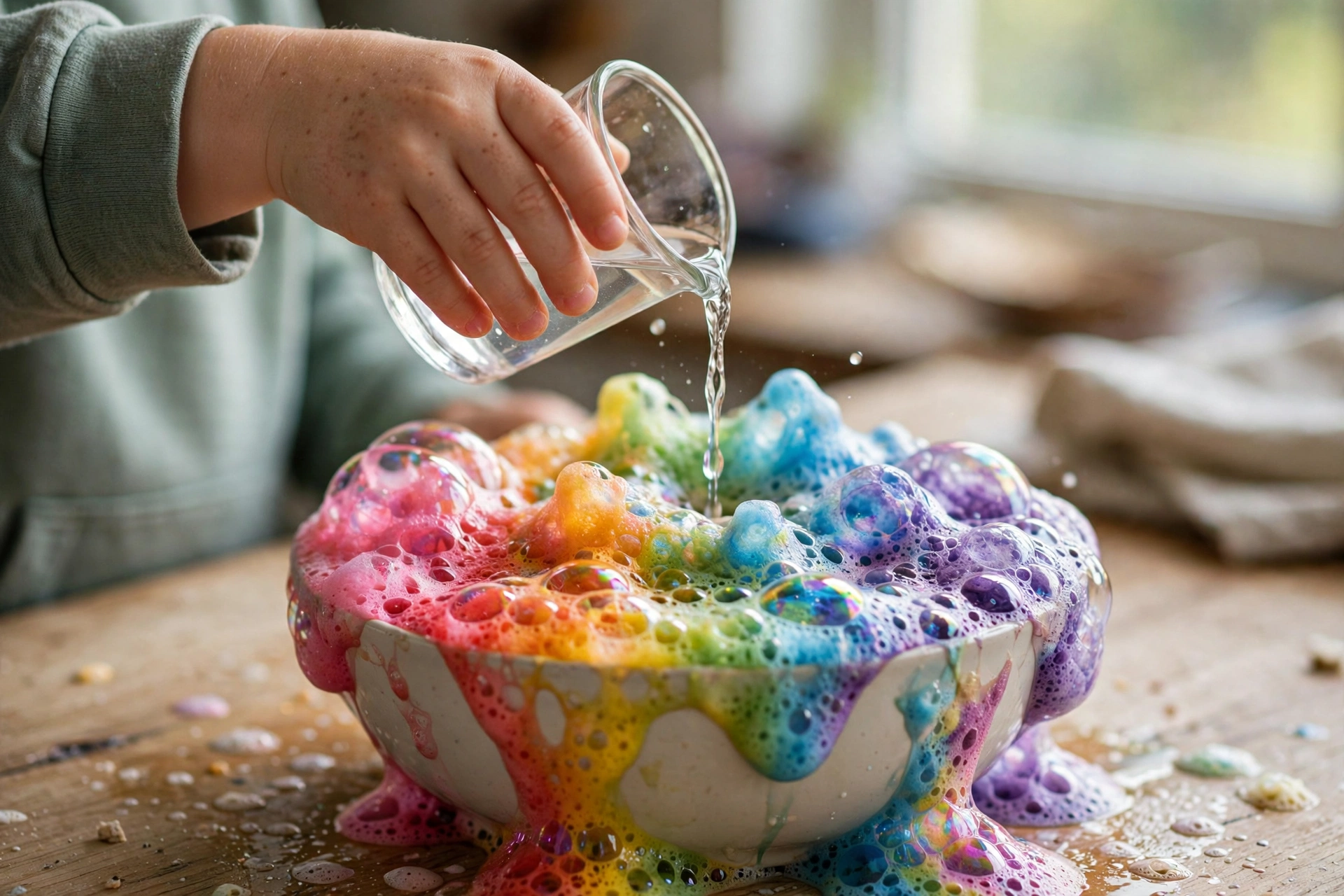Kind gießt Essig auf eine bunte Backpulvermischung