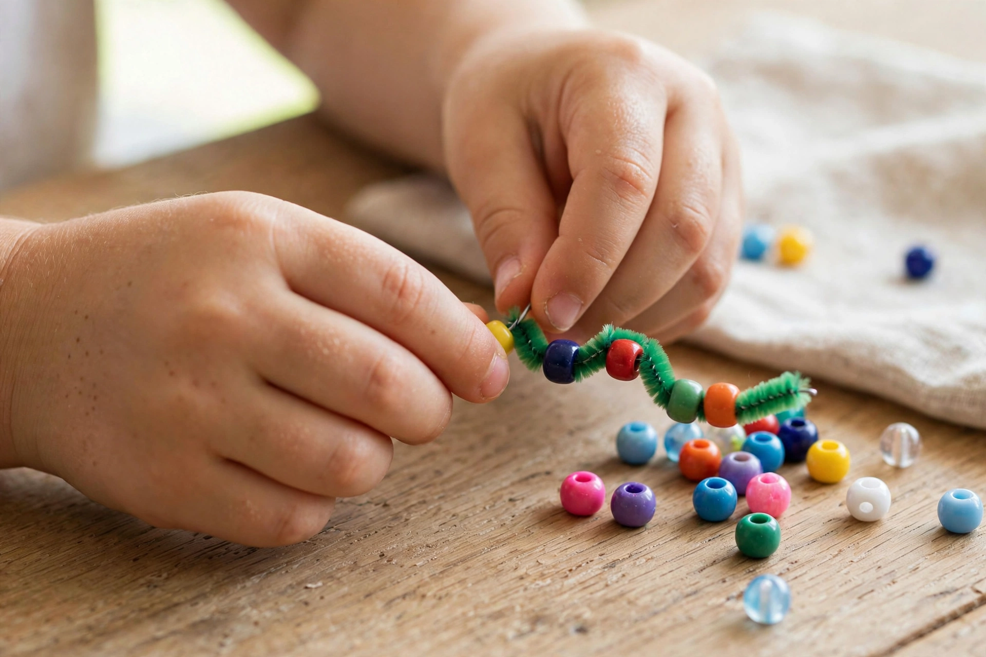 Kind fädelt bunte Perlen auf einen Pfeifenreiniger