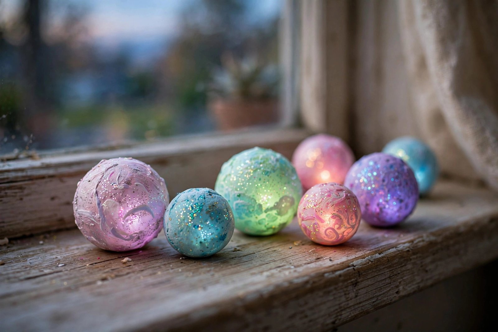 Leuchtende Magie-Orbs aus bemalter Knetmasse mit Glitzer auf einer Fensterbank, Detailansicht