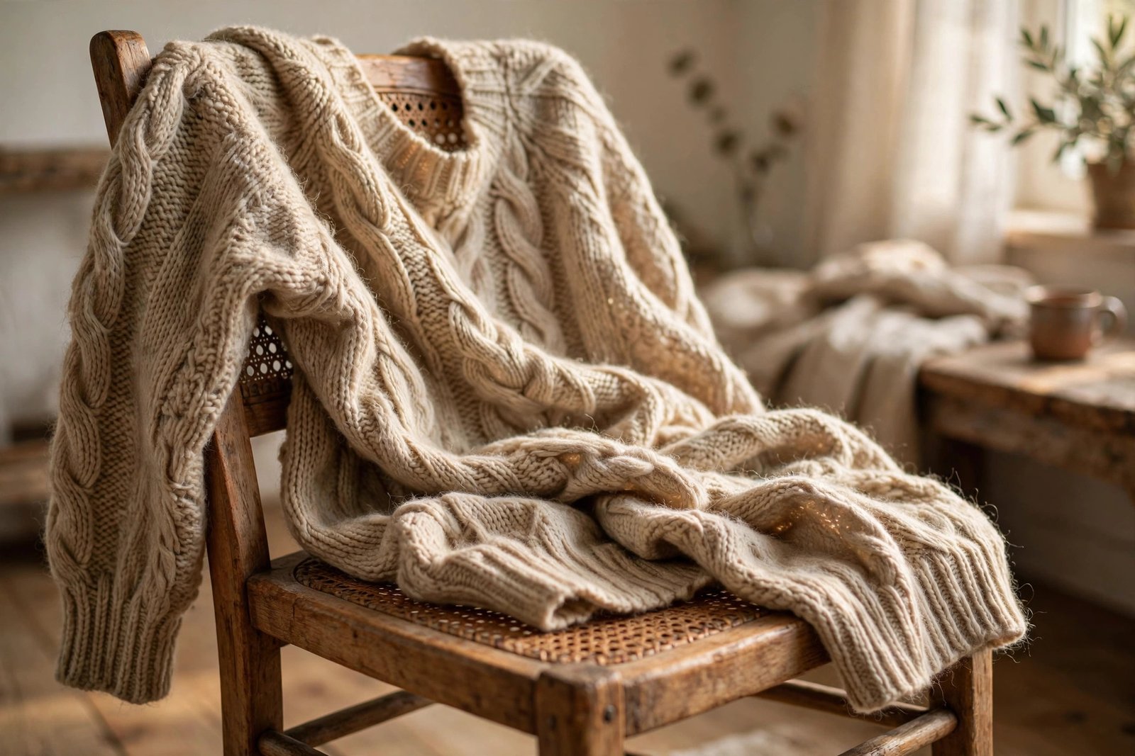 Gestrickter handgemachter Pullover in weichem Garn, Detailansicht