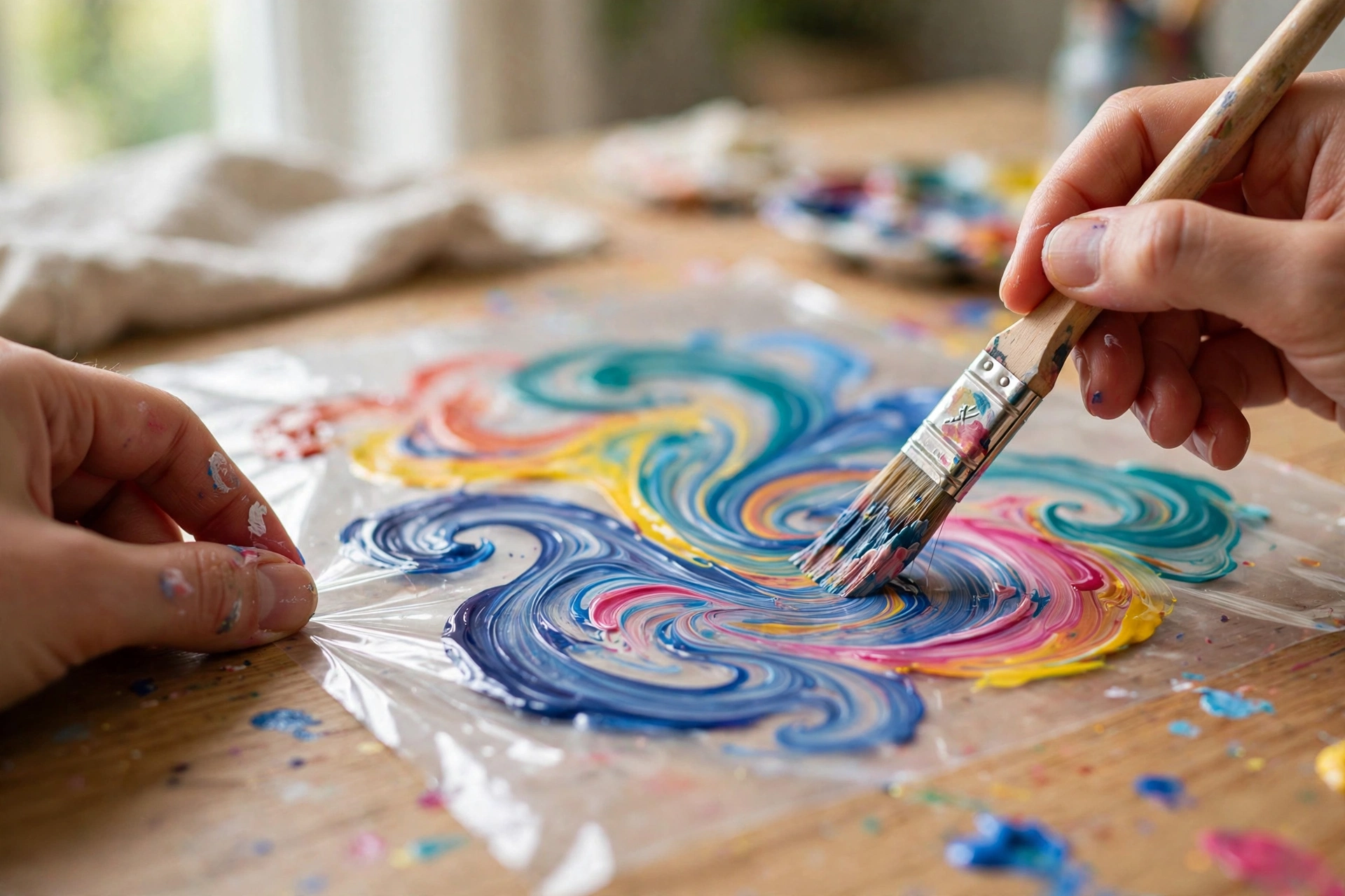 Hände bemalen Folienpapier mit bunten Farben für einen Sonnengänger