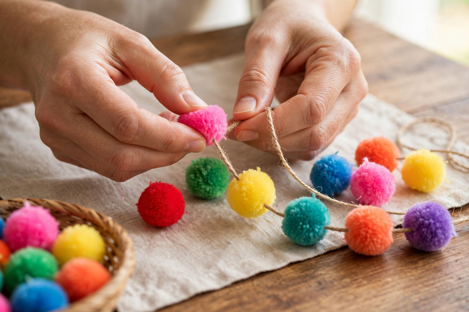 Hände fädeln bunte Pompons auf eine Schnur für eine Raupe