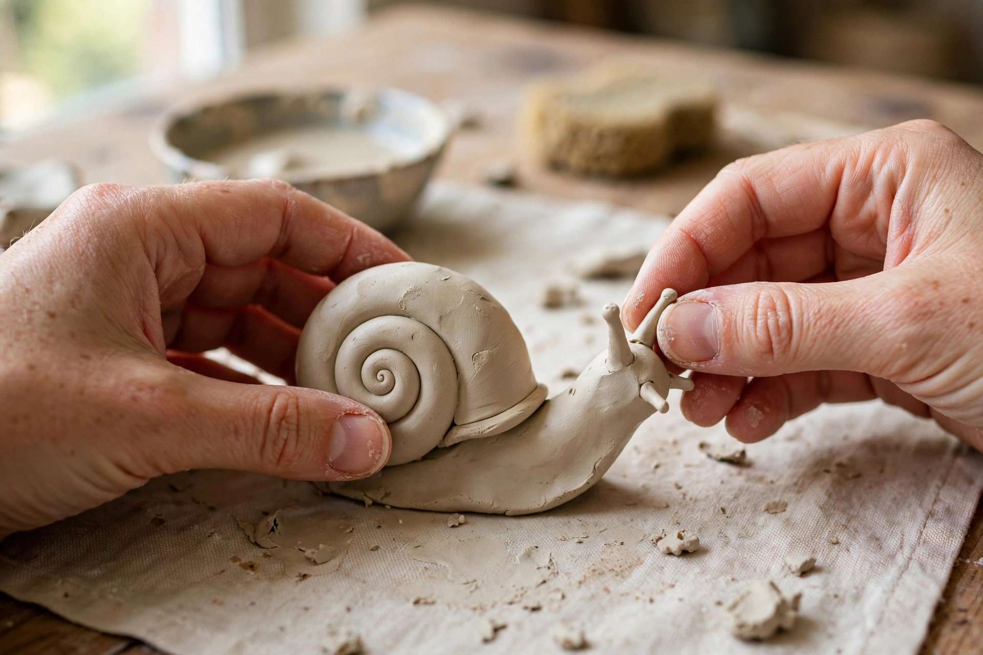 Hände formen eine Tonschnecke auf einer Arbeitsunterlage
