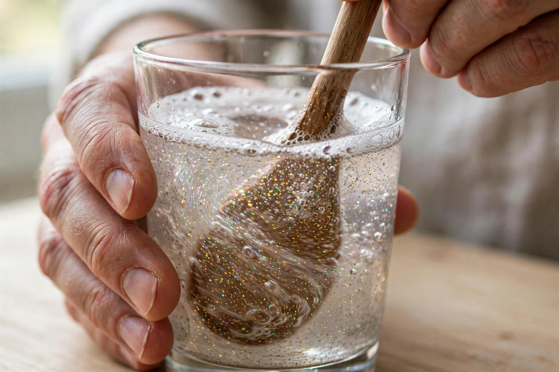 Hände rühren Spülmittel und Glitzer in einem Glas