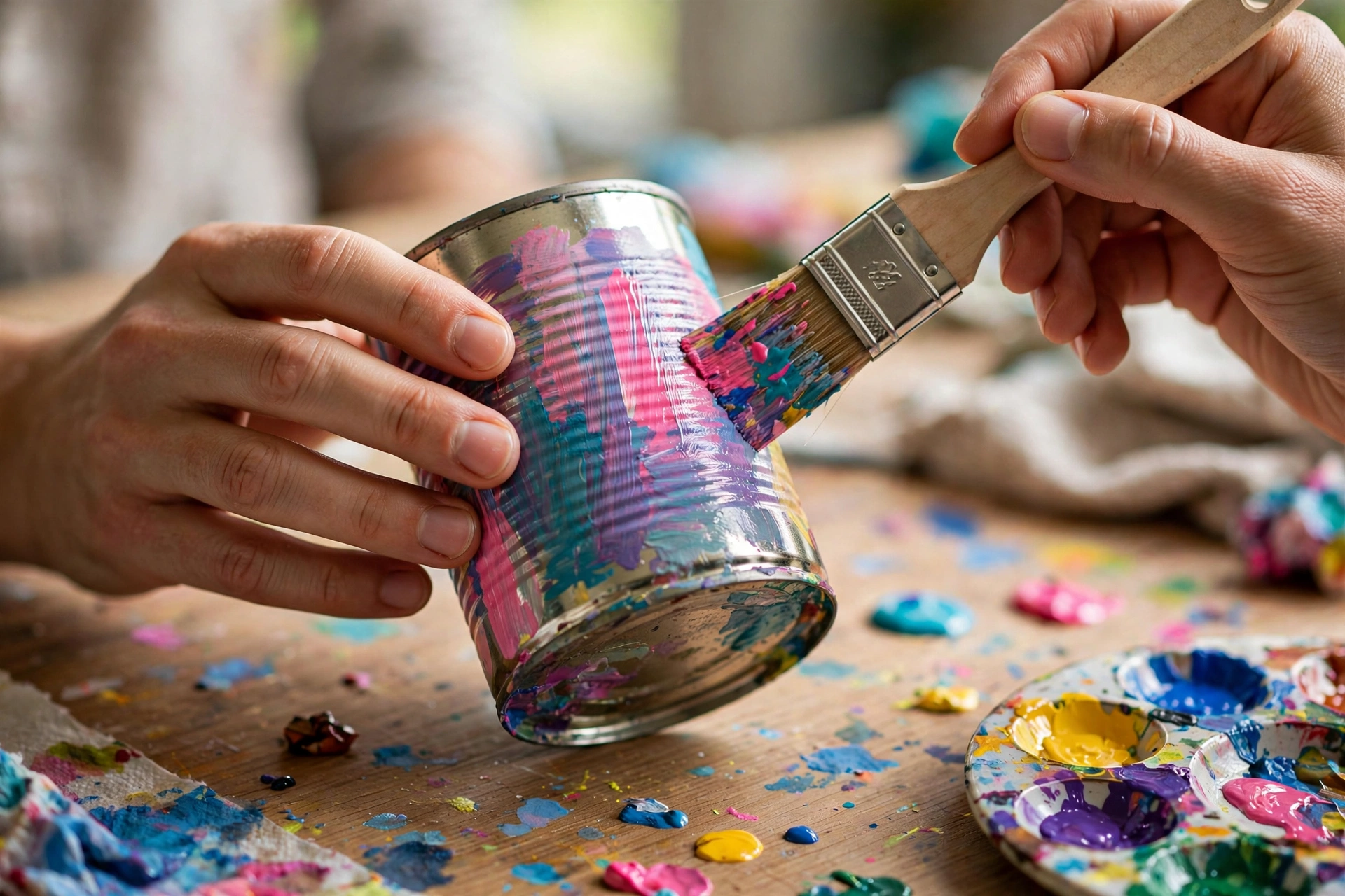 Hände bemalen eine Blechdose mit Acrylfarben