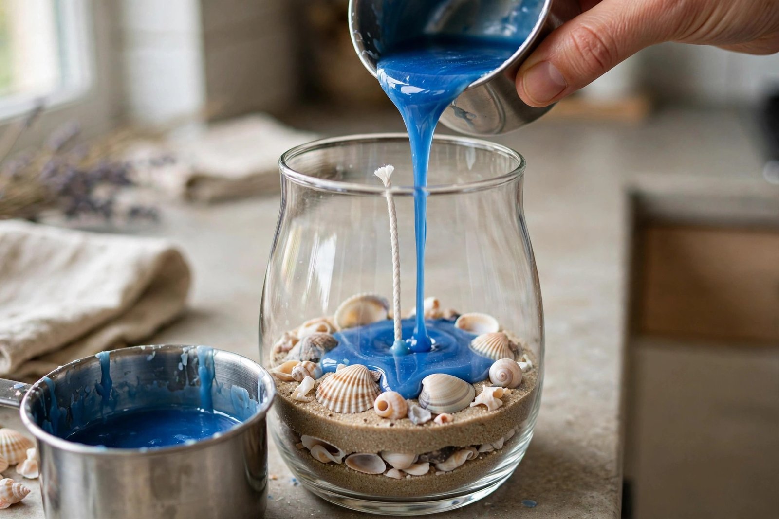 Hand gießt eine Schicht blaues geschmolzenes Wachs über Sand in einer Glasvase mit Muscheln, daneben ein Topf mit Wachs auf dem Herd