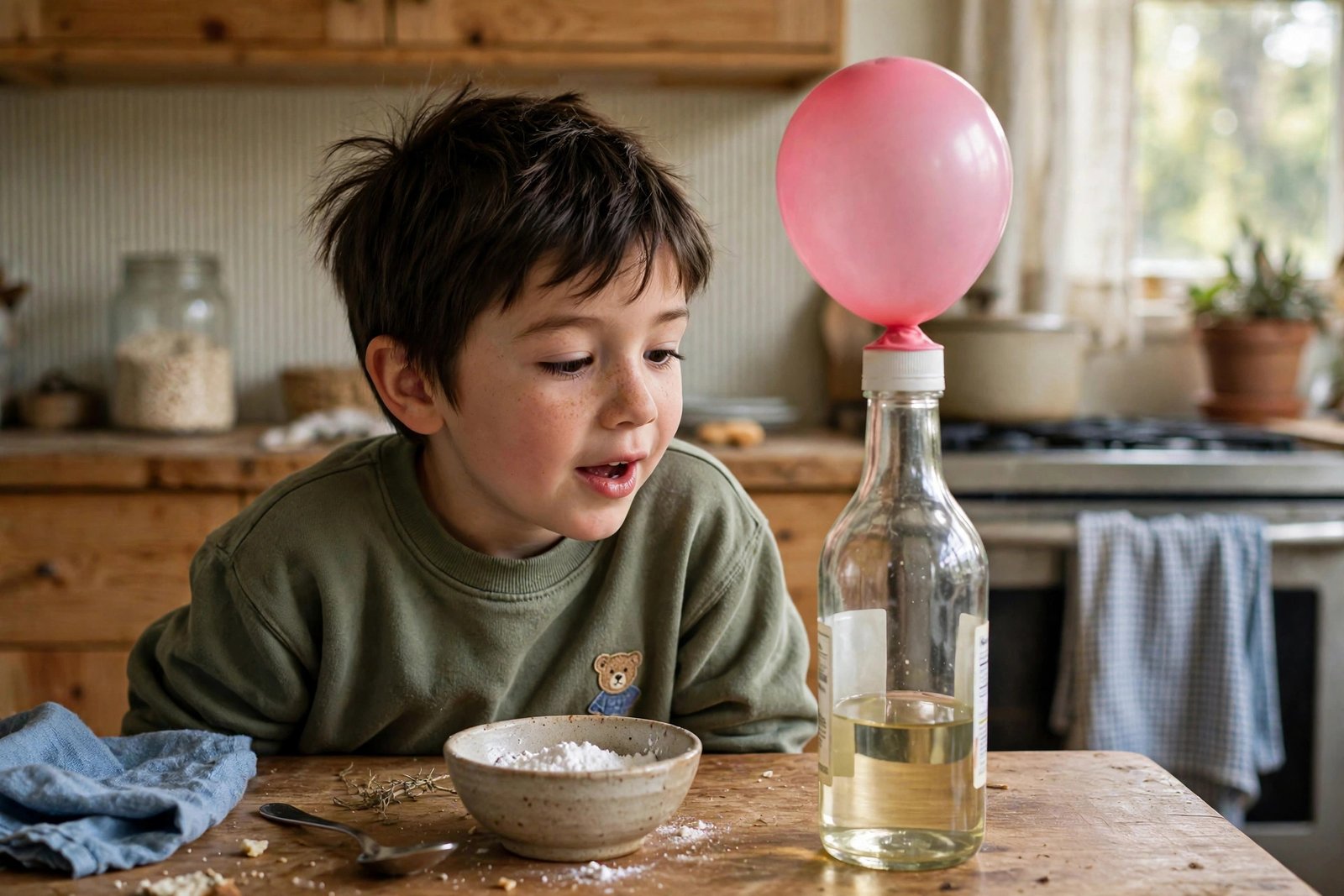 Kind beobachtet fasziniert einen aufgeblähten Ballon auf einer Essigflasche, daneben eine Schale mit Backpulver auf dem Küchentisch