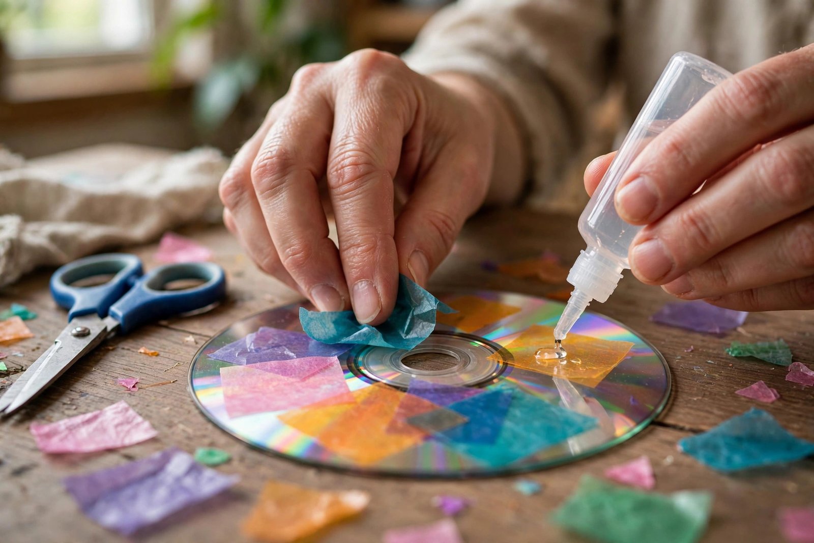 Nahaufnahme: Hände kleben bunte Transparentpapier-Stücke auf eine alte CD, daneben Schere und Kleber auf dem Basteltisch