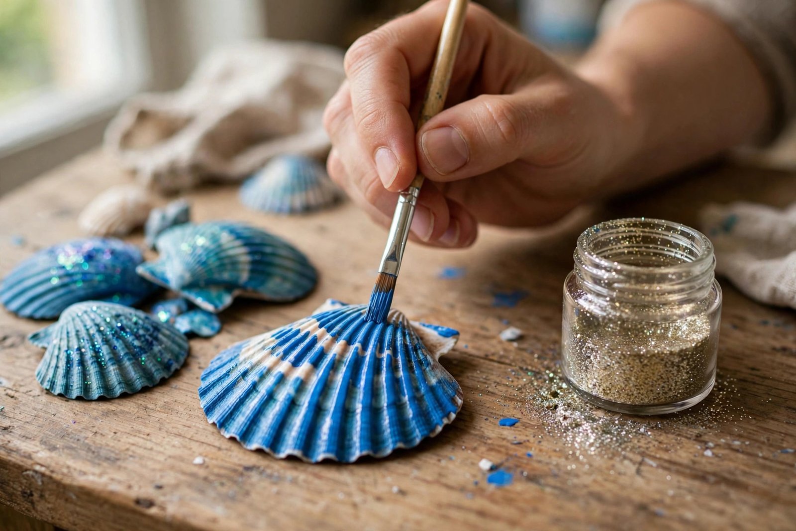 Nahaufnahme: Hand bemalt eine Muschel mit blauer Acrylfarbe, daneben Glitzertöpfchen und weitere bemalte Muscheln auf dem Tisch