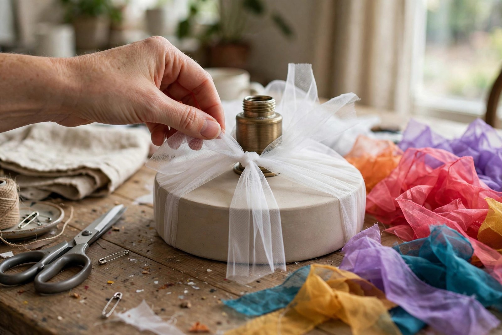 Hand befestigt weiße Tüllstreifen an einer runden Lampenbasis, daneben bunte Organza-Stoffstücke auf dem Arbeitstisch