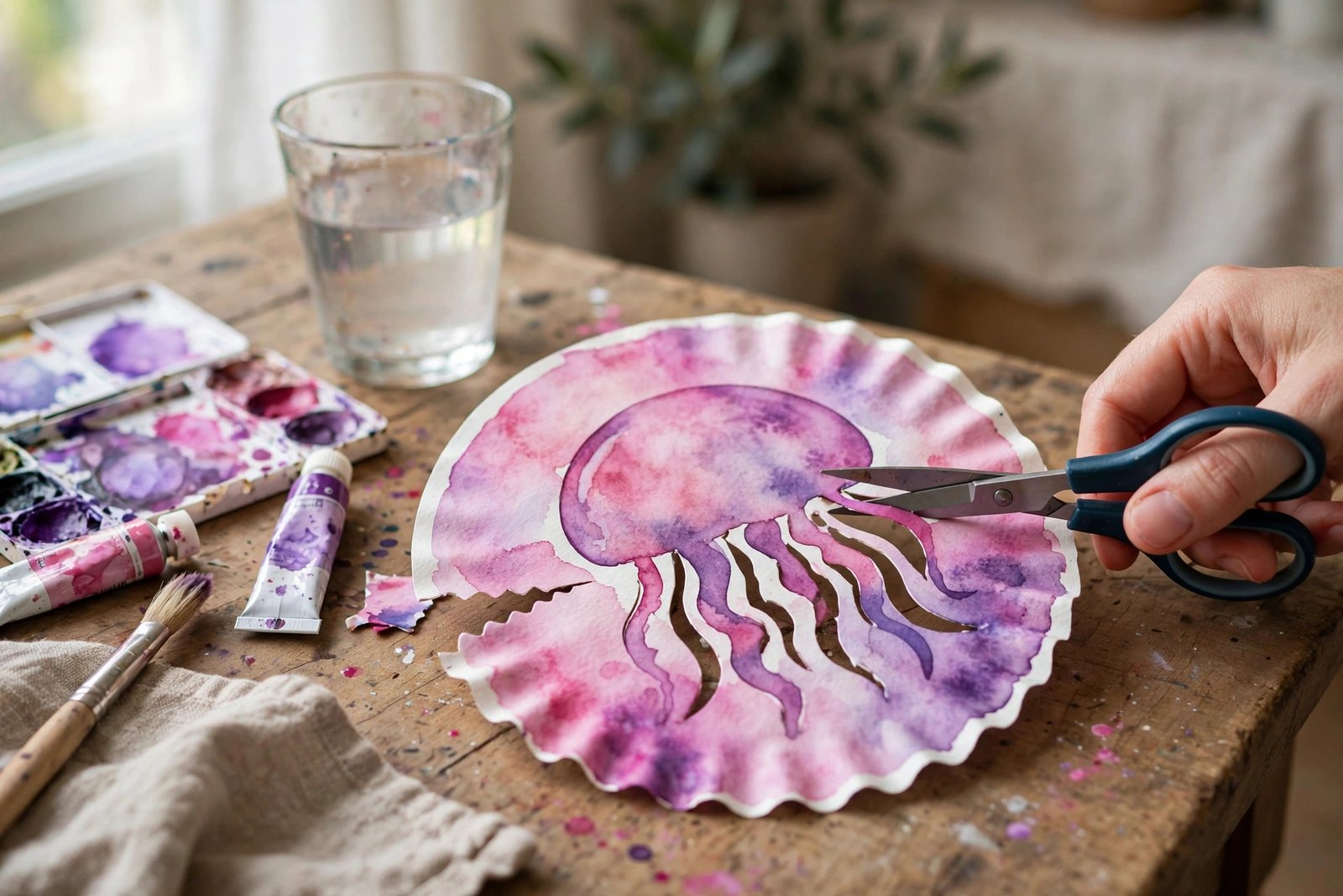 Hand schneidet eine bemalte Kaffeefilter-Qualle in Pink und Lila aus, daneben Wasserglas und Aquarellfarben auf dem Tisch