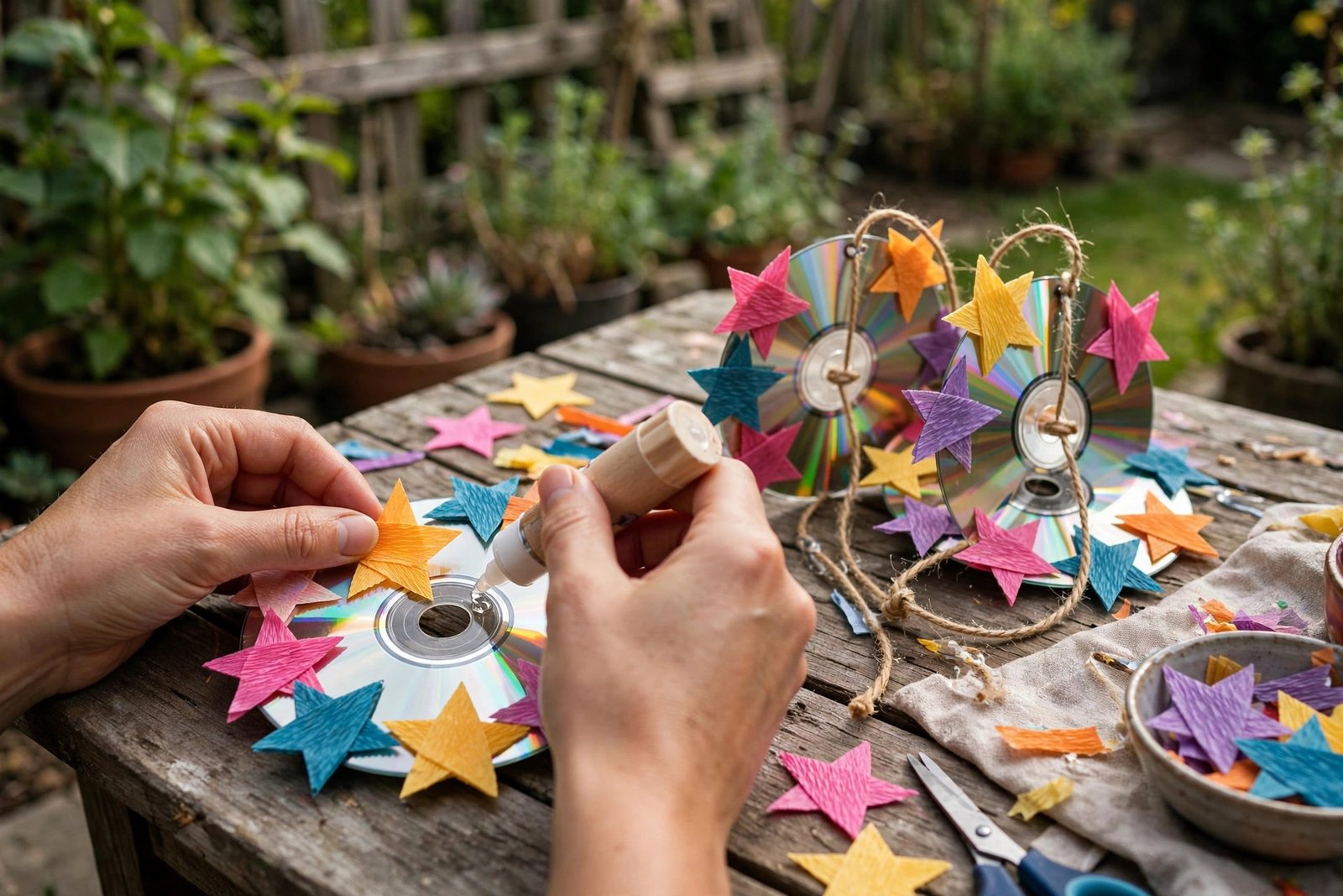 Hände kleben bunte Krepppapier-Sterne auf eine alte CD, daneben liegen fertige CD-Windspiele auf dem Gartentisch