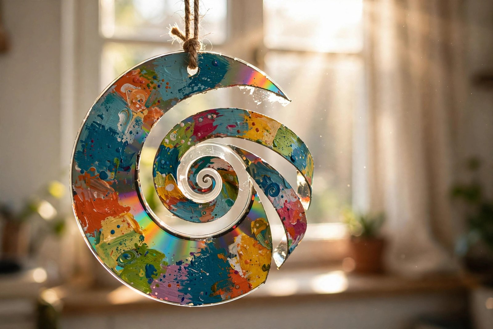 Bunter CD-Spiral-Sonnenfänger hängt im Fenster im Sonnenlicht