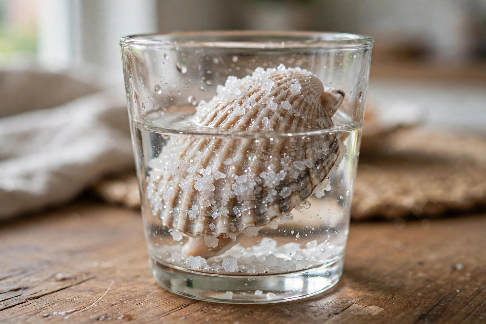 Muschel mit gewachsenen Salzkristallen in einem Glas