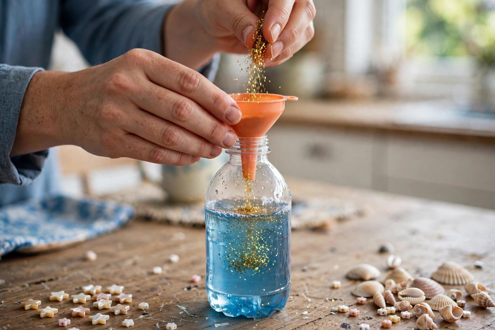 Glitzer in die Sinnesflasche füllen