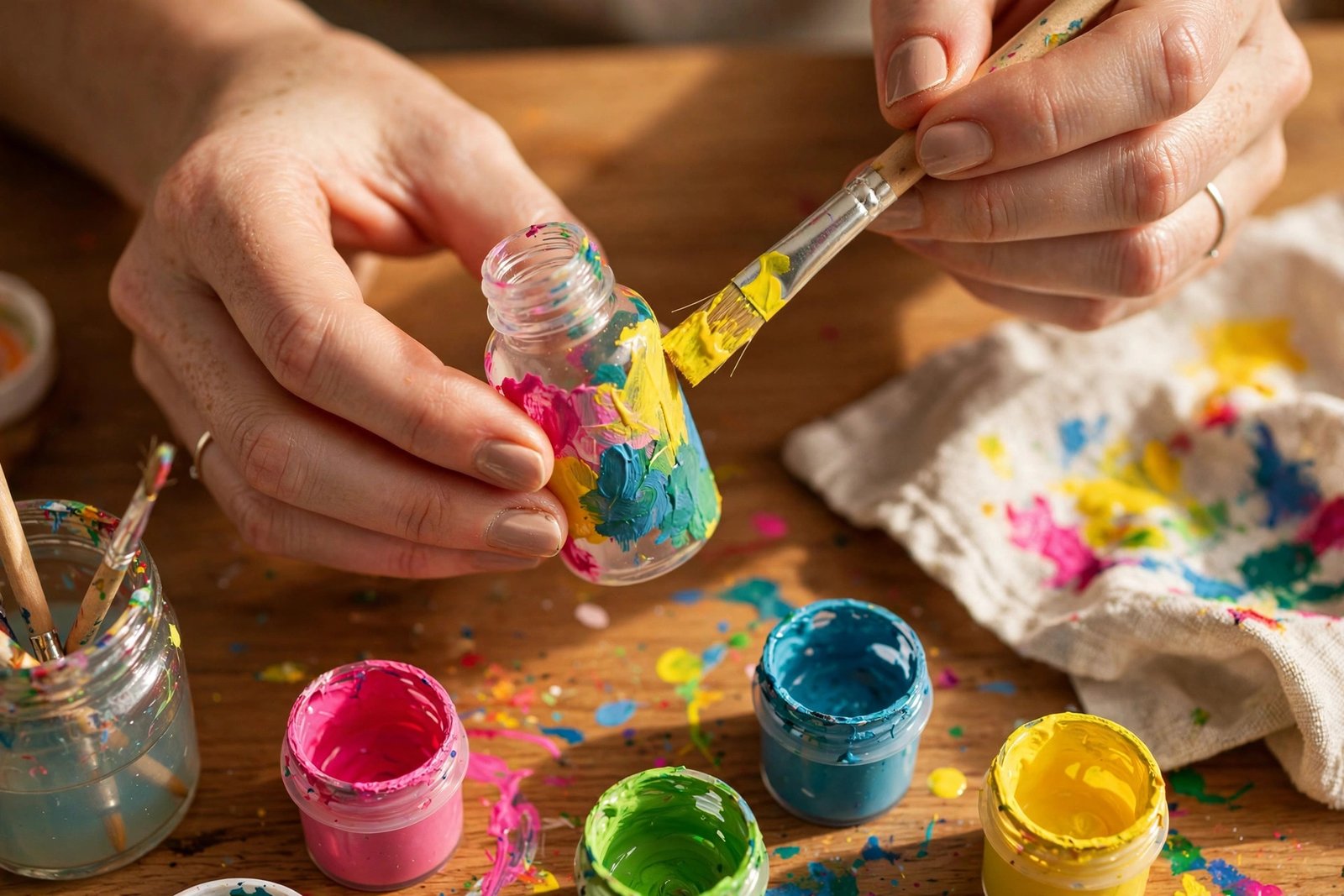 Nahaufnahme: Hände bemalen eine kleine Plastikflasche mit Acrylfarben