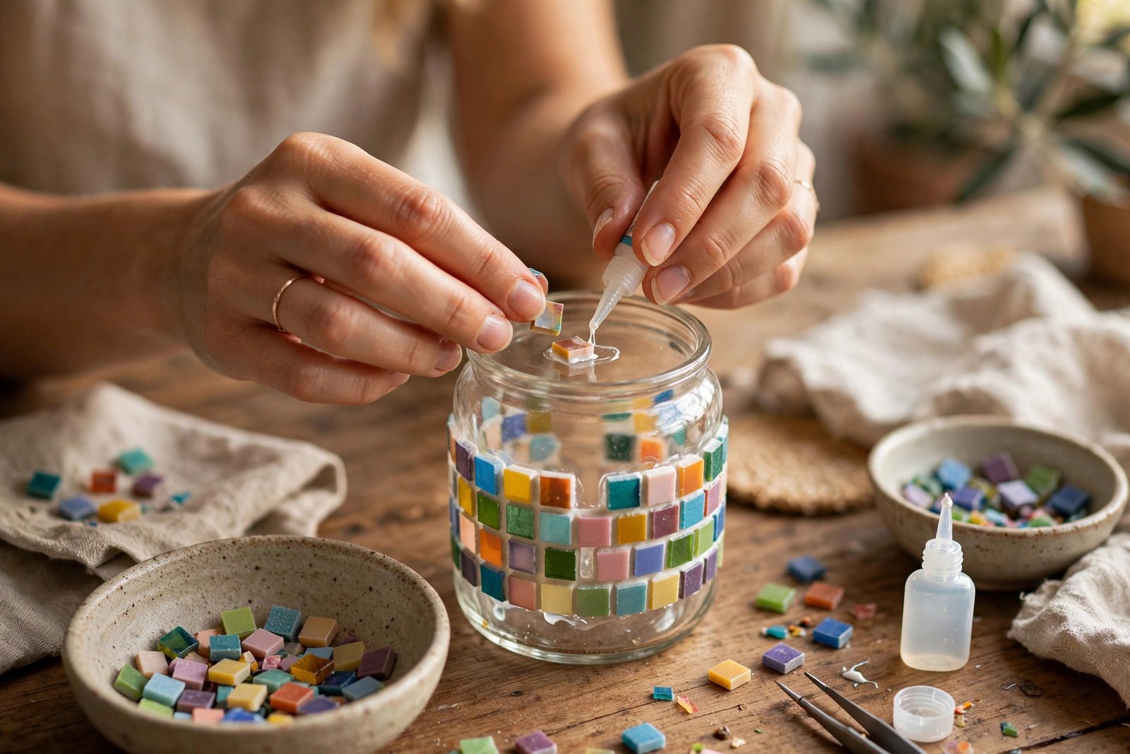 Nahaufnahme: Hände kleben bunte Mosaiksteinchen auf ein Glasgefäß