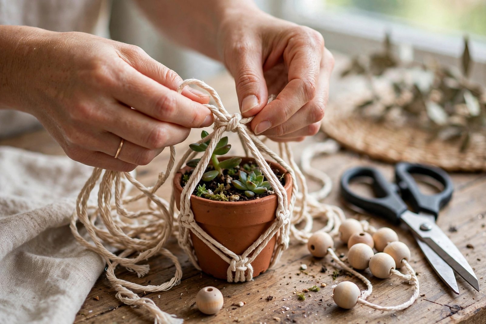 Schnüre werden um den Blumentopf geknotet