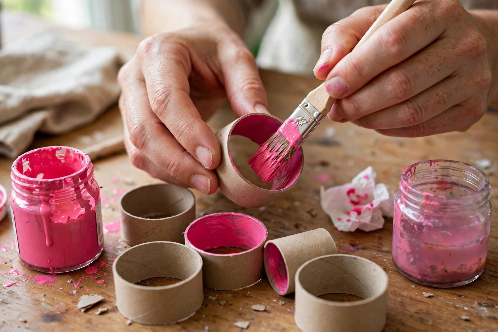 Hände bemalen zugeschnittene Papierrollenstücke mit pinker Farbe