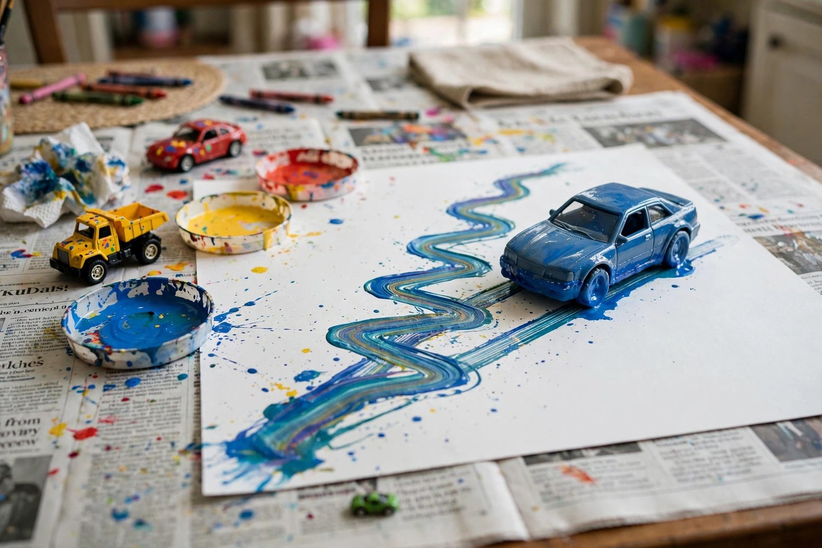 Kind fährt Spielzeugauto durch bunte Farbe über Papier, bunte Reifenspuren, Detailansicht