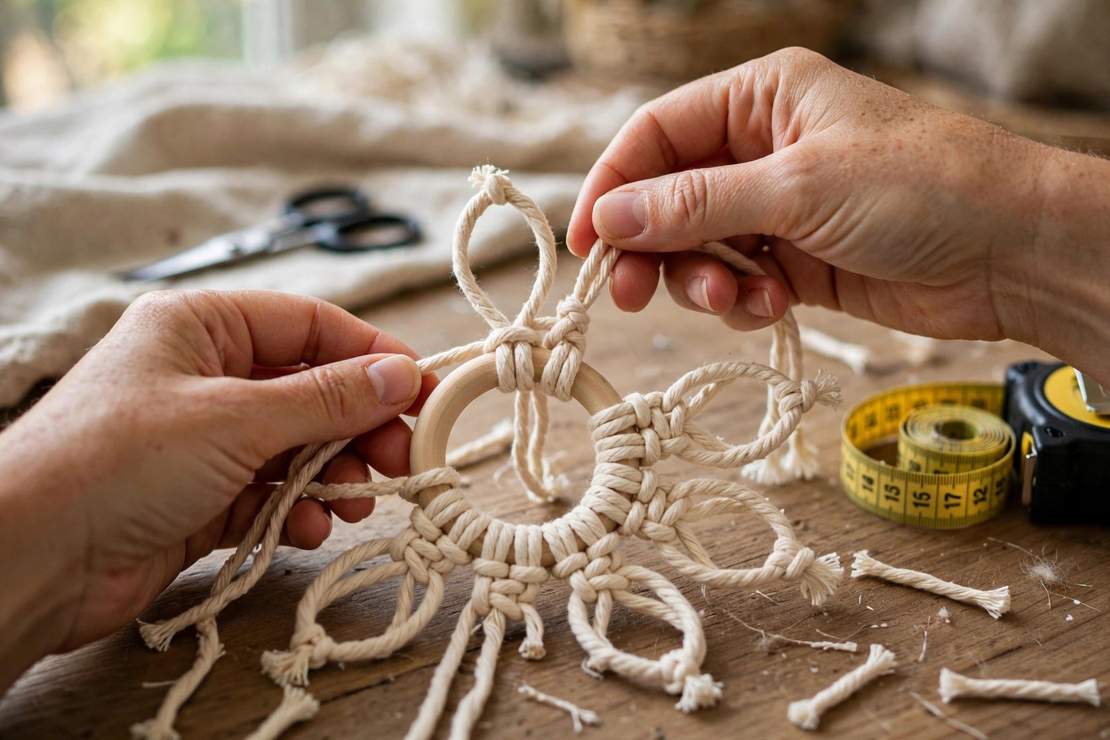 Hände knüpfen eine Makramee-Blume aus Baumwollschnur, Detailansicht der Knoten