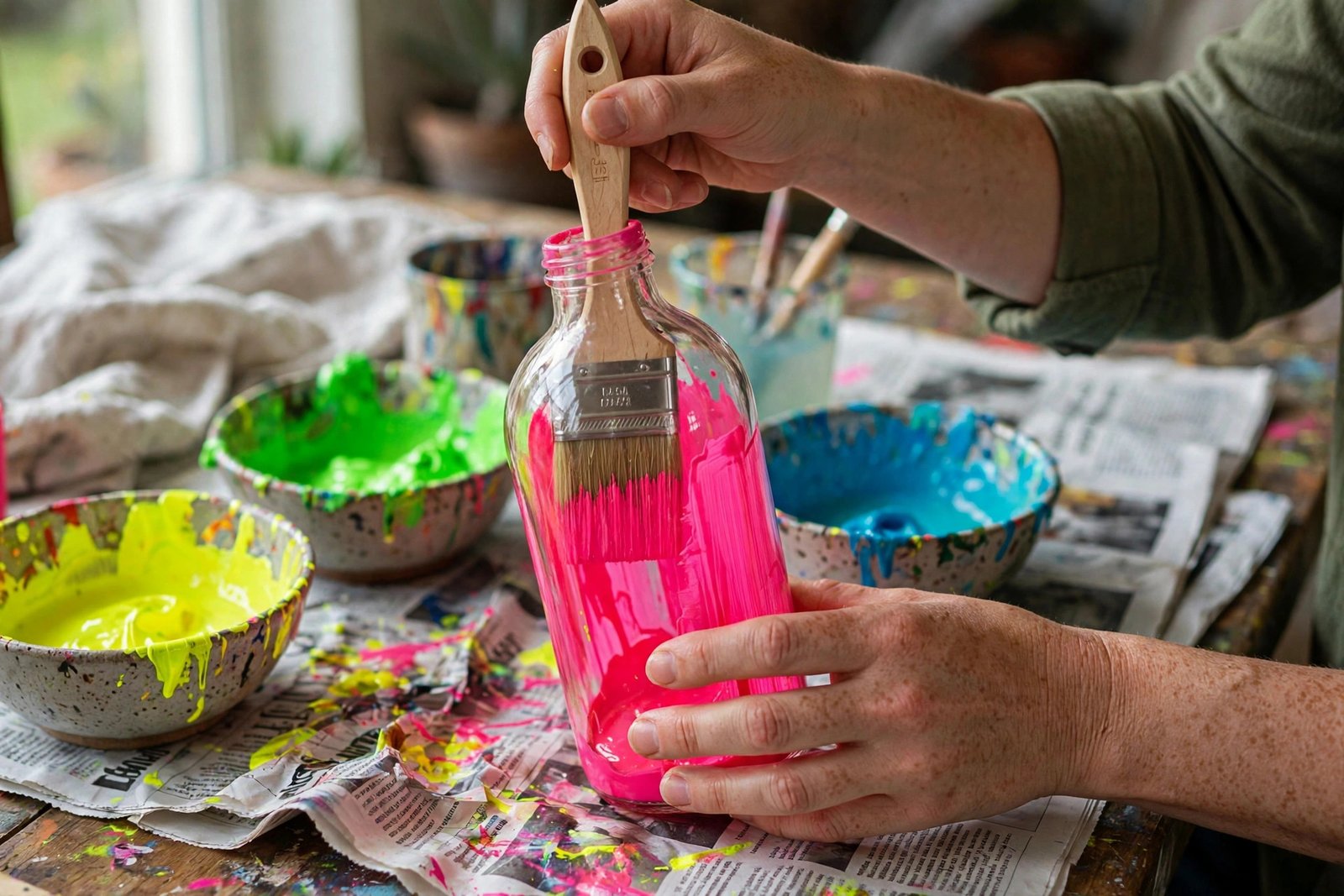 Glasflasche wird von innen mit Neonfarbe bemalt