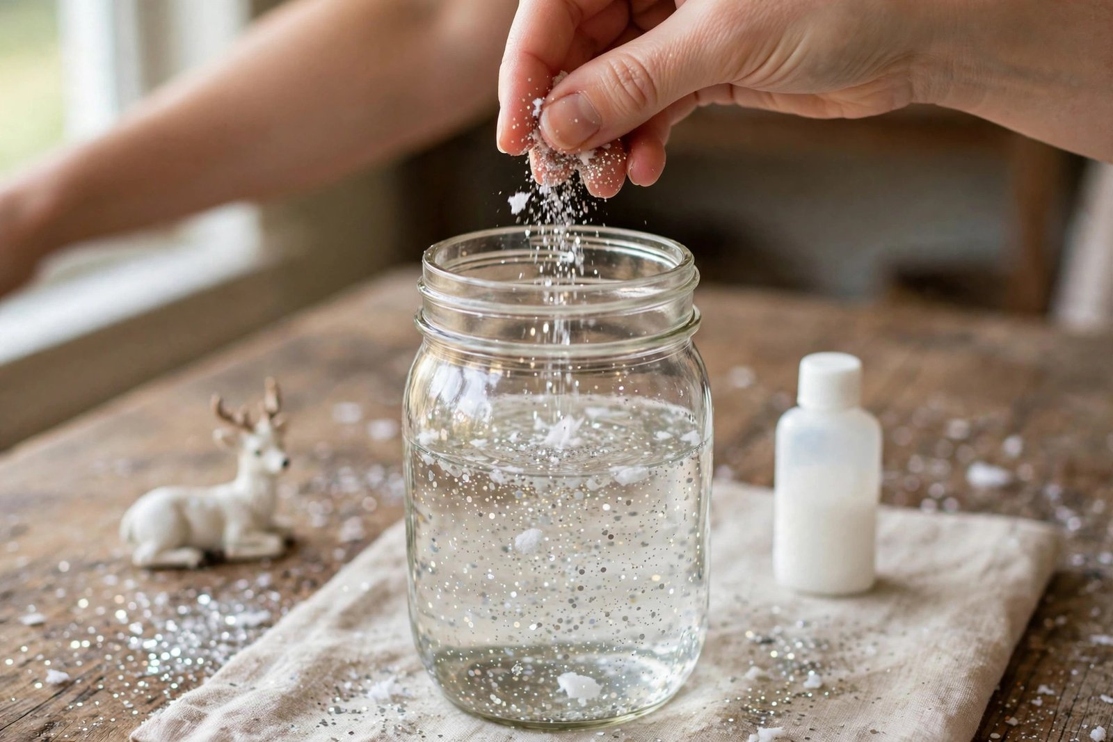 Glitzer und Kunstschnee werden ins Glas gestreut