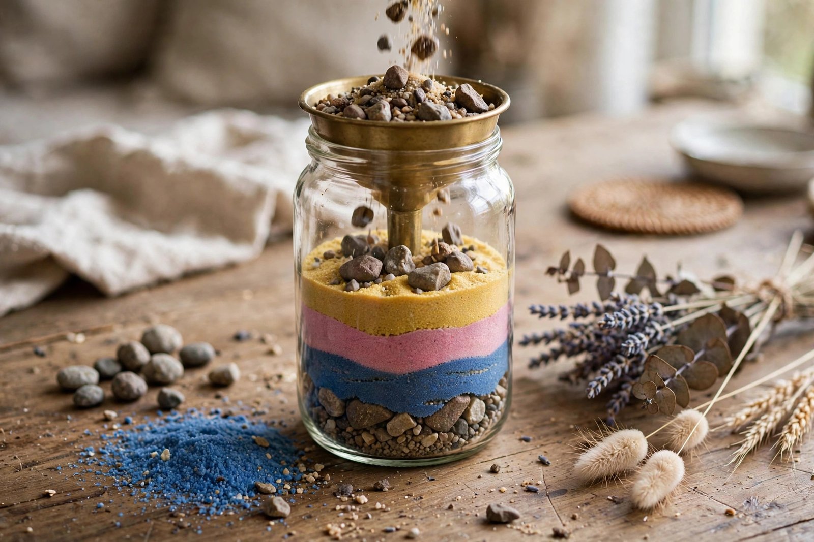 Beruhigendes Glas mit Sand, getrockneten Blumen und Teelicht, Detailansicht