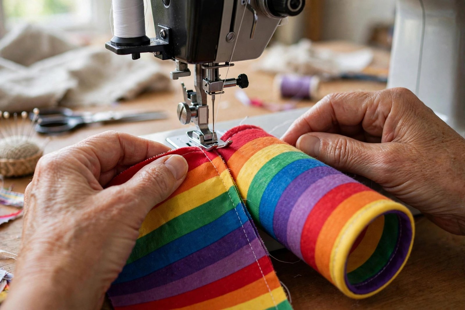 Regenbogen-Windsack aus bunten Baumwollstoffen wird genäht, Detailansicht