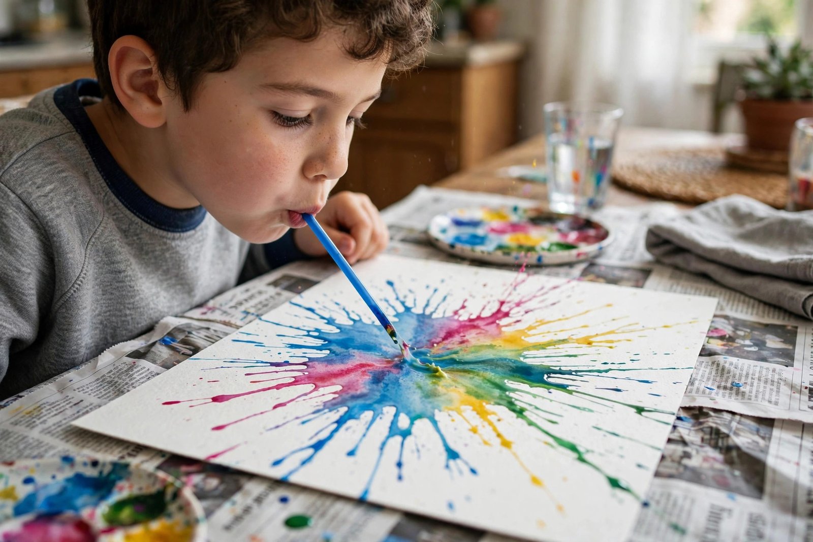 Kind pustet mit Strohhalm wässrige Farbe über Papier, Detailansicht des Farbexperiments