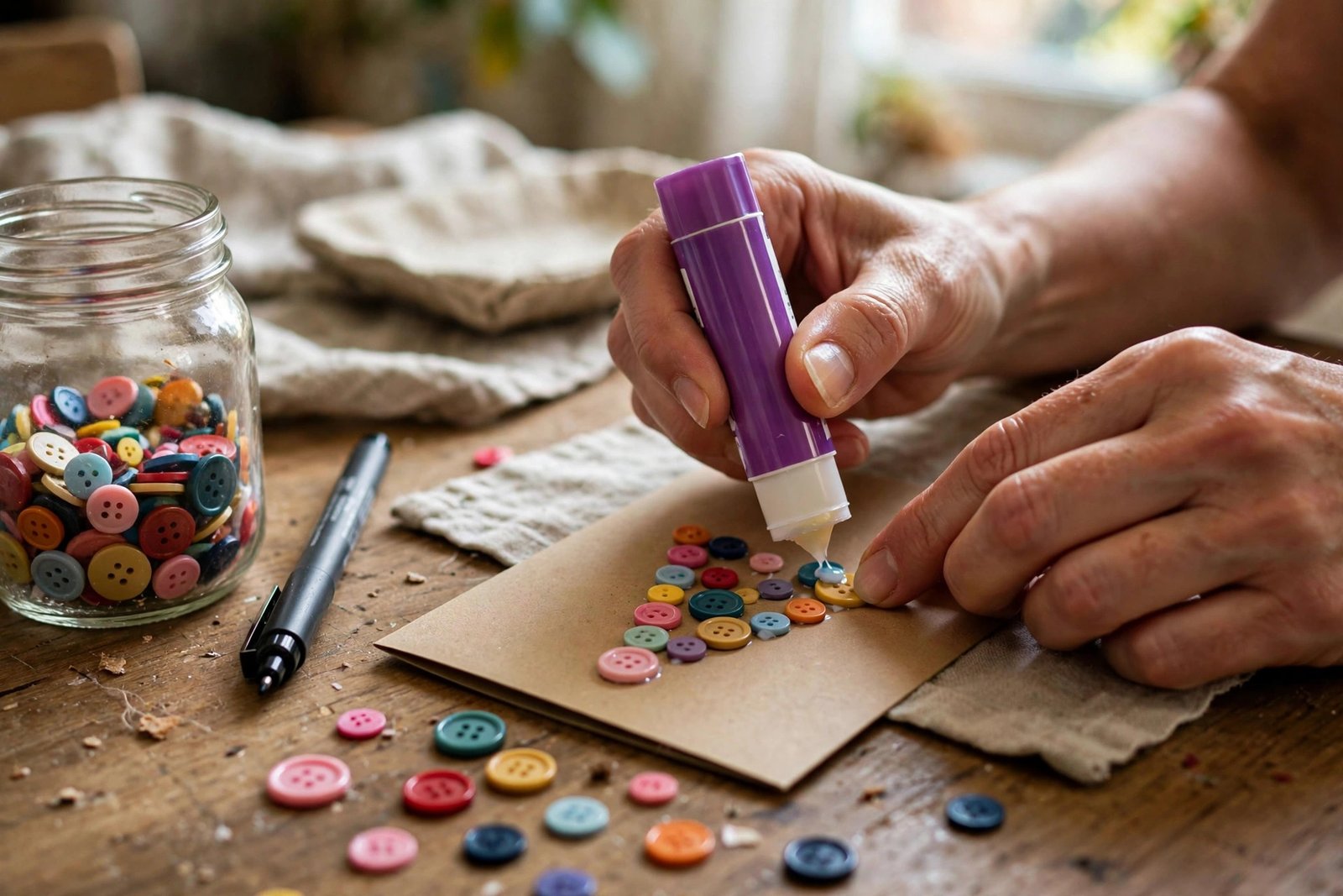 Knöpfe auf Weihnachtskarte kleben und mit Fineliner verzieren