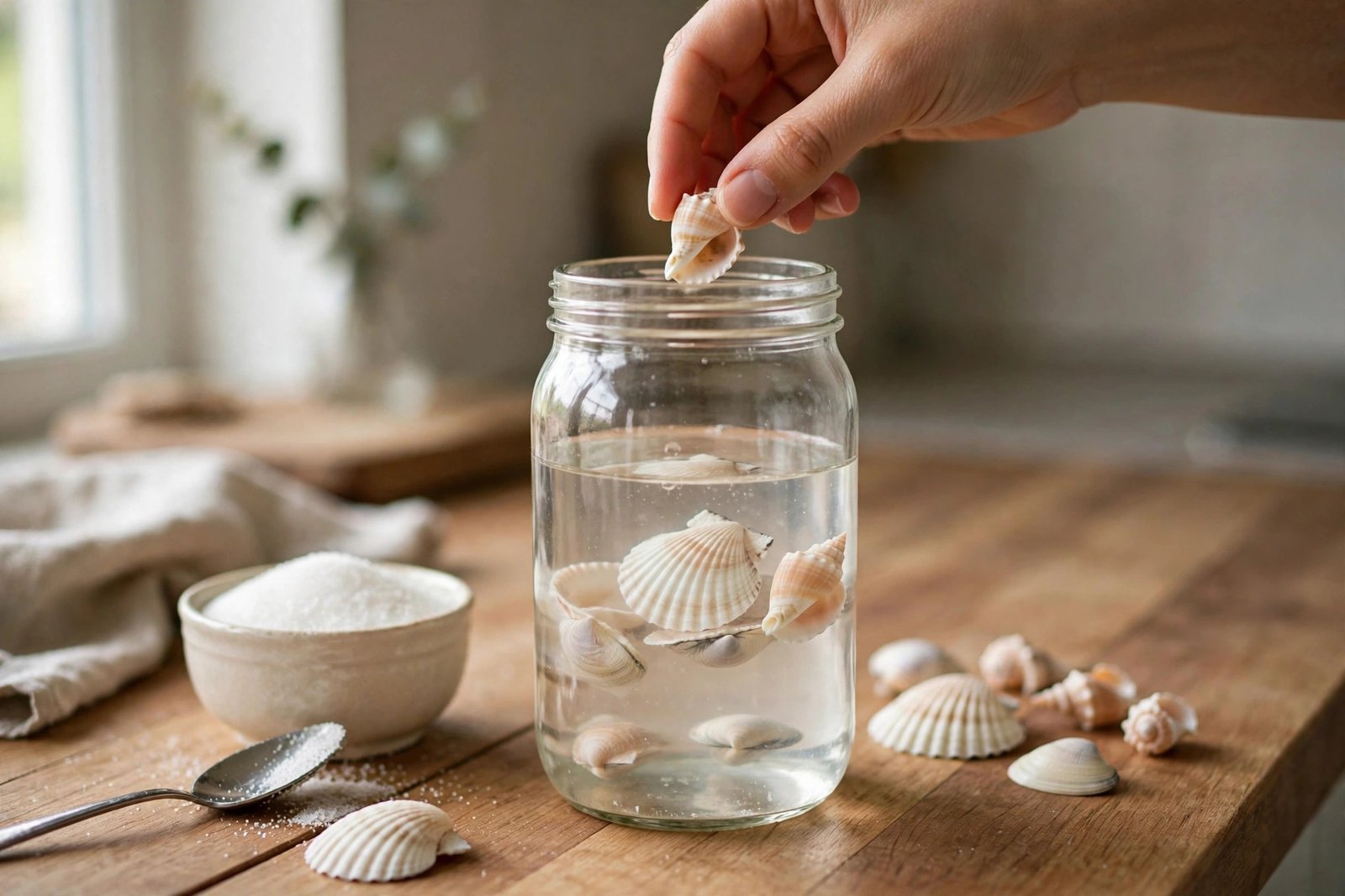 Hand legt Muscheln in ein Glas mit Zuckerlösung zur Kristallbildung