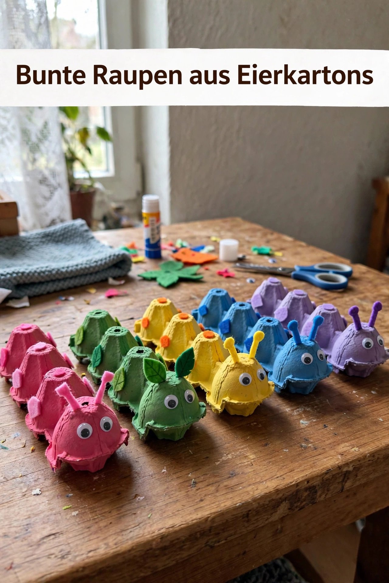 Bunte Raupen aus Eierkartons