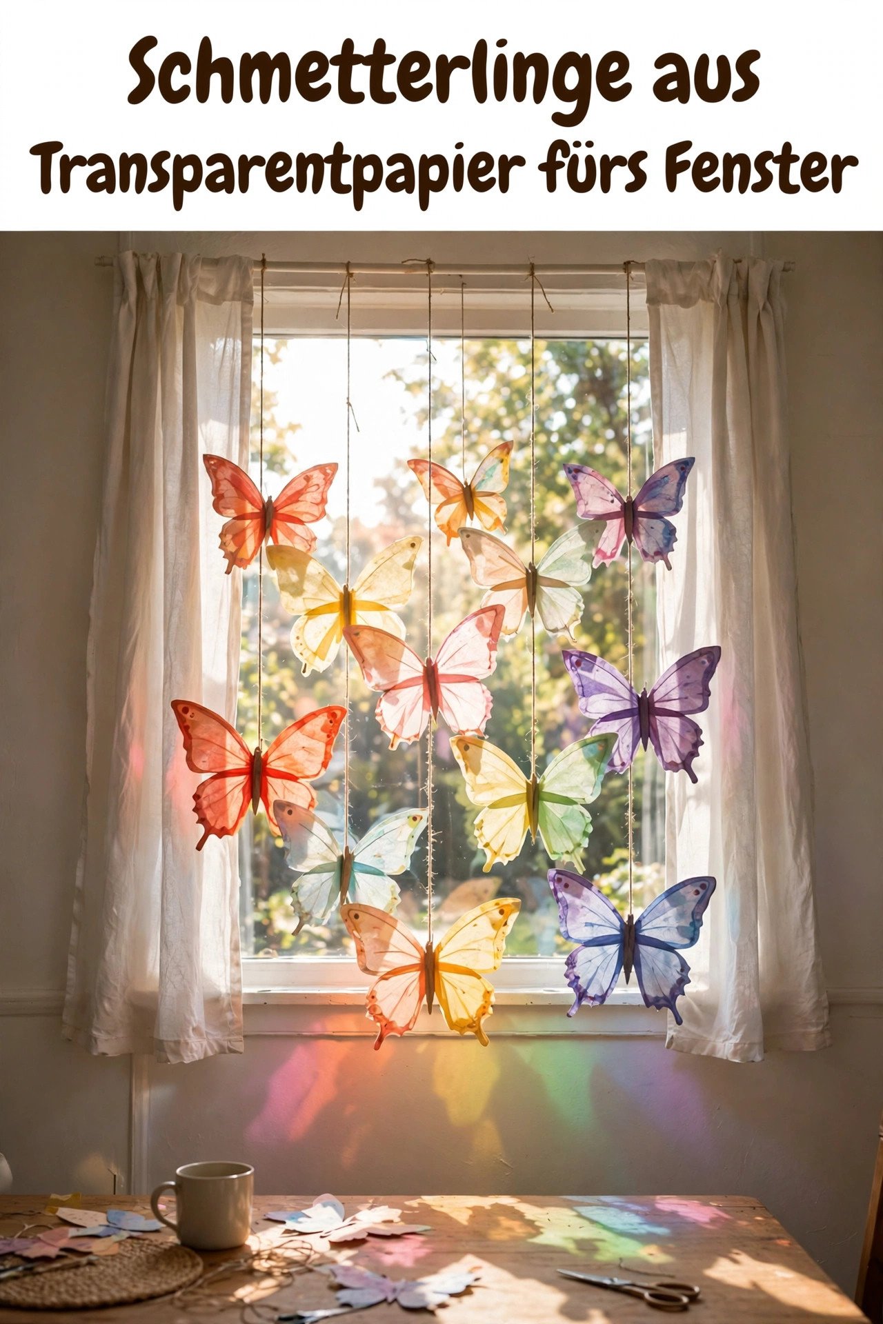 Bunte Schmetterlinge aus Transparentpapier als Fensterdeko