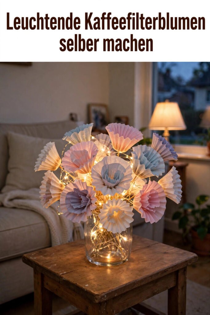 Leuchtende Blumen aus Kaffeefiltern mit LED-Lichtern